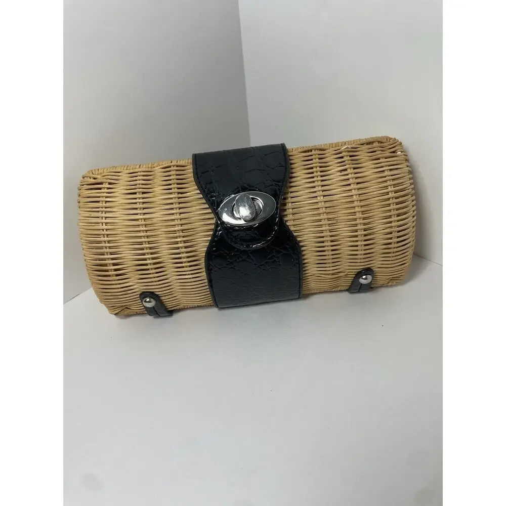 Vintage Straw Clutch Natural W Black & Silver Hardware Purse Bag w chain